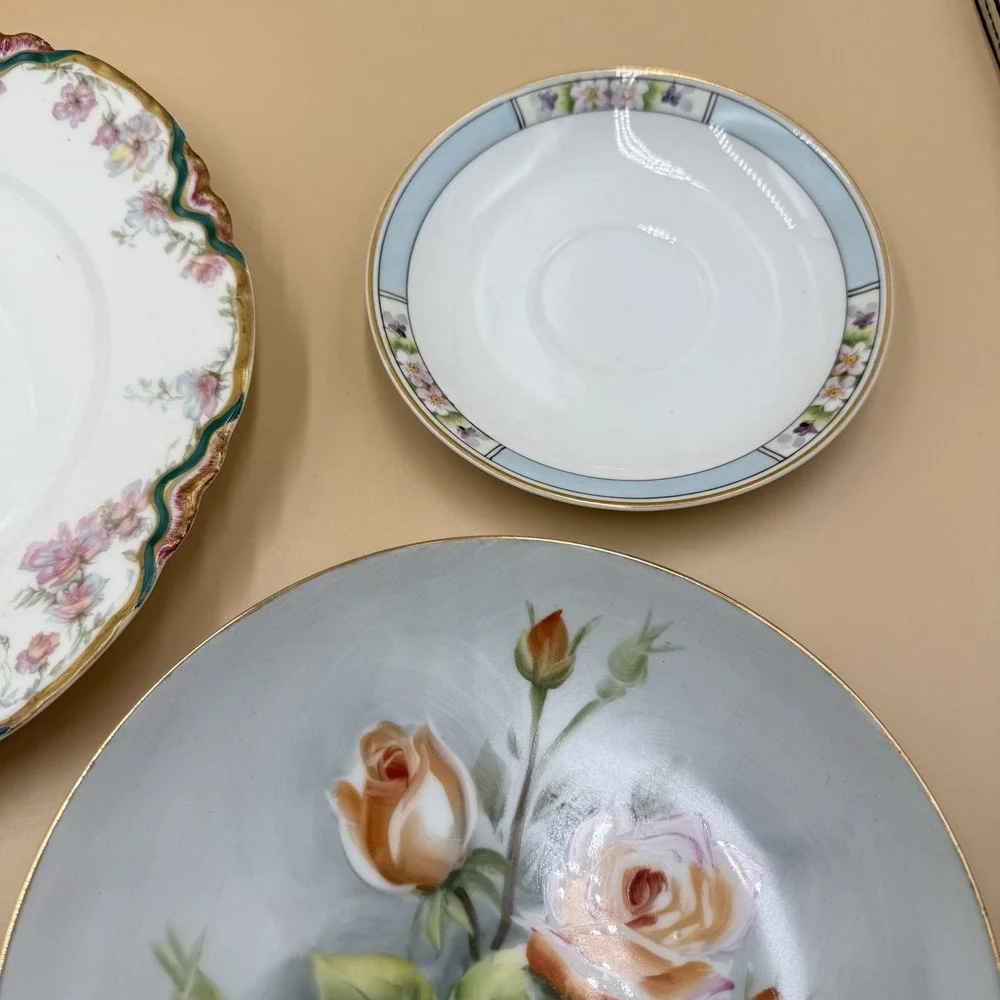 Lot of 4 Decorative Plates with Different Sizes and Brands Florals Pinks Blue